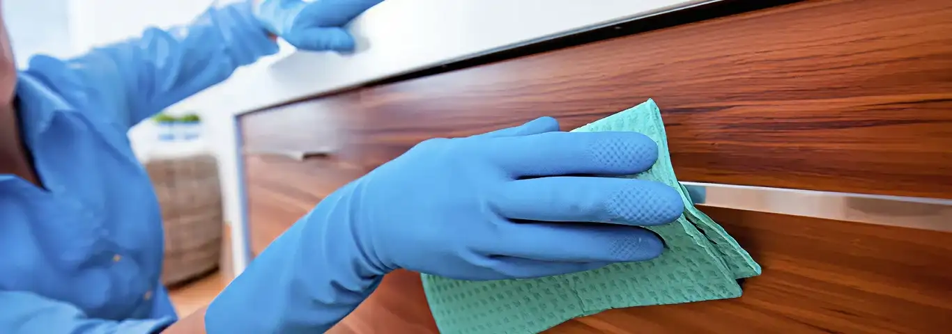 Cleaner wearing blue gloves wiping a wooden cabinet drawer with a microfiber cloth for dust and grime removal, South Bend, IN.