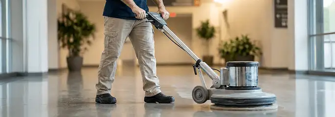 Professional technician using an industrial floor buffer to polish and maintain shiny commercial flooring in a corporate hallway in South Bend, IN.