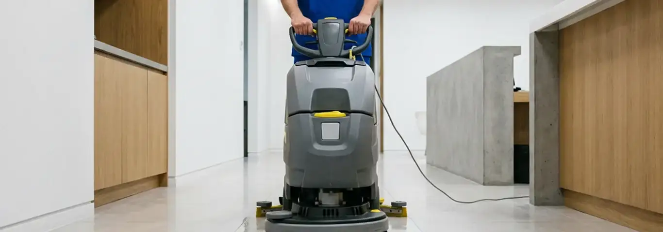 Janitorial staff using a floor scrubber machine to clean a commercial hallway, South Bend, IN.