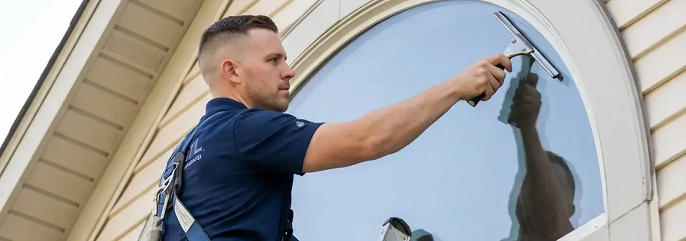 Professional window cleaner using a squeegee to clean an exterior arched window on a home, South Bend, IN.