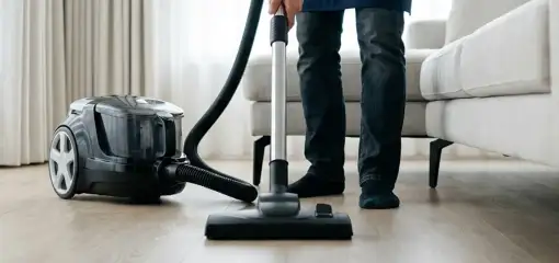 Professional house cleaner vacuuming a living room floor with a canister vacuum cleaner, South Bend, IN.