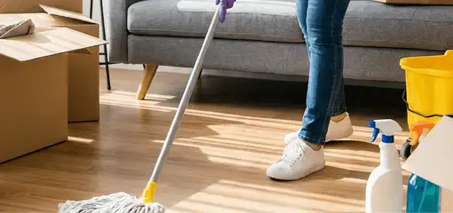 Move-out cleaning setup with a cleaner mopping hardwood floors near moving boxes and cleaning supplies, South Bend, IN.