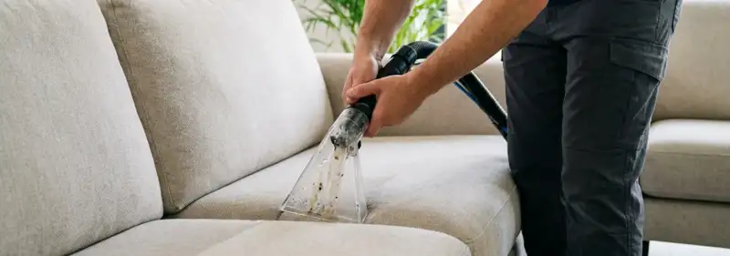 Technician extracting dirt and moisture from a fabric sofa with an upholstery cleaning wand, South Bend, IN.