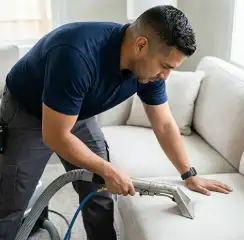 Professional upholstery cleaning technician using an extraction wand to deep-clean a fabric sofa, South Bend, IN.