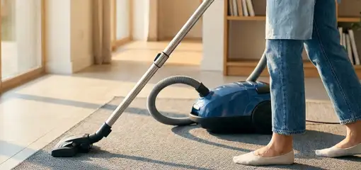Person vacuuming a living room rug with a canister vacuum cleaner near large windows, South Bend, IN.